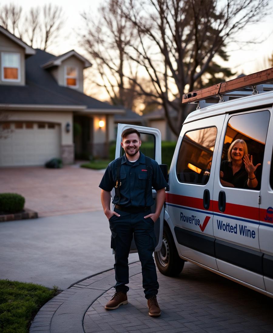 Technician waving goodbye to a homeowner in a driveway