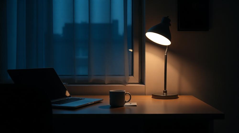 Quiet desk at night with a closed laptop