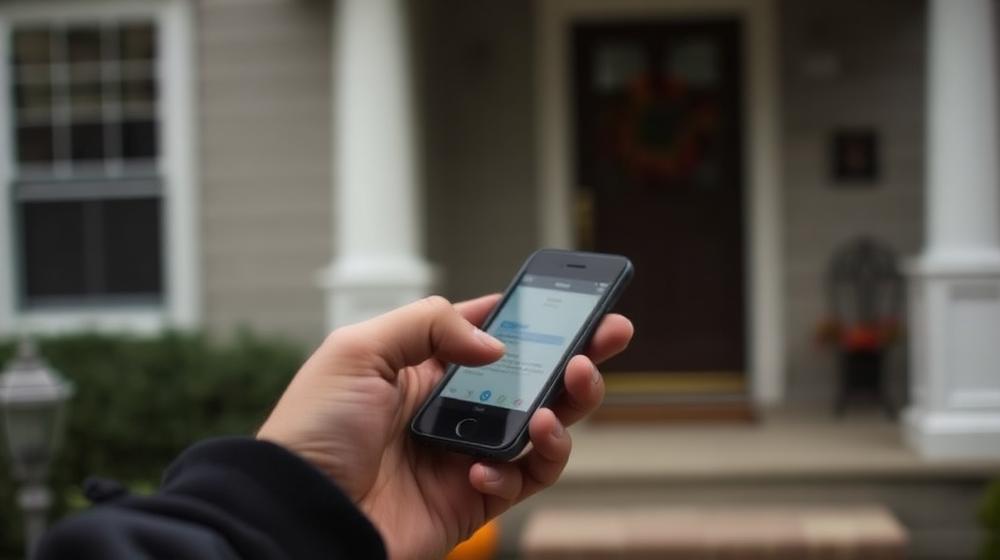 Hand holding a phone showing a text conversation
