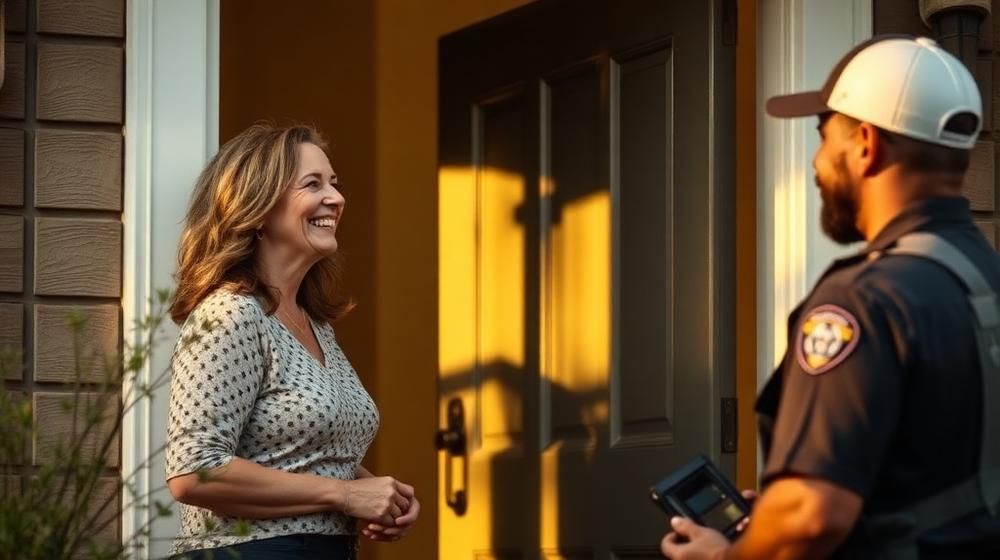 Homeowner smiling with a service worker at the front door