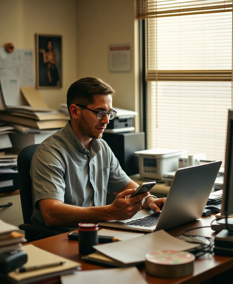 Business owner working late at a cluttered office desk